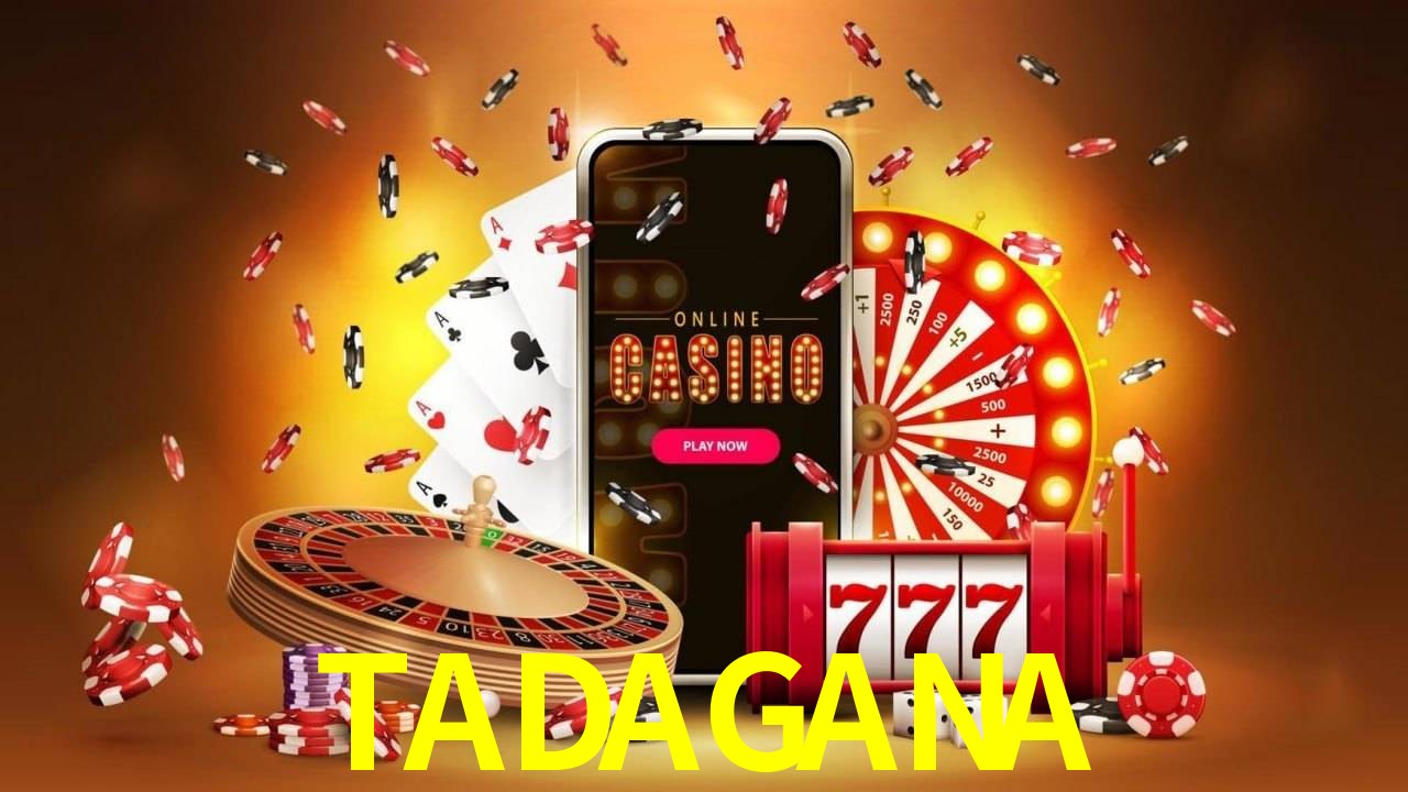Escena dinámica inspirada en casino con iluminación TADAGANA, cartas, fichas e íconos de juegos digitales en un espacio moderno de juegos.