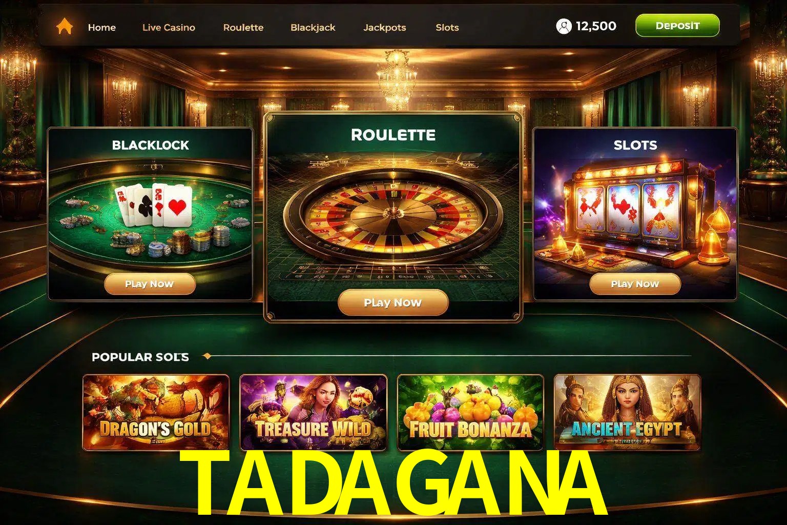 Vista de la plataforma TADAGANA Casino mostrando categorías organizadas de juegos en línea