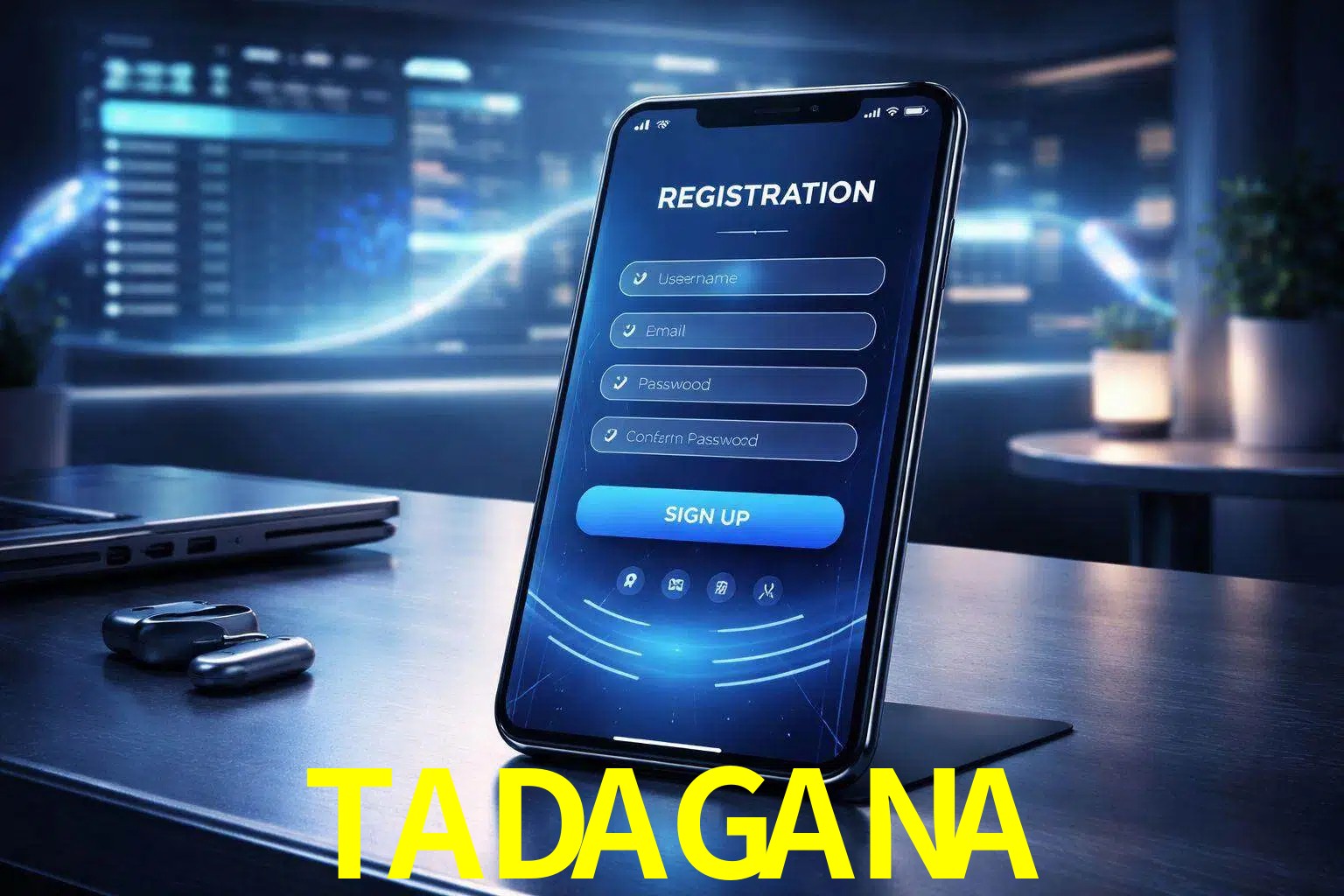 Una interfaz moderna de registro móvil para TADAGANA mostrada en un smartphone con un panel de apuestas elegante.